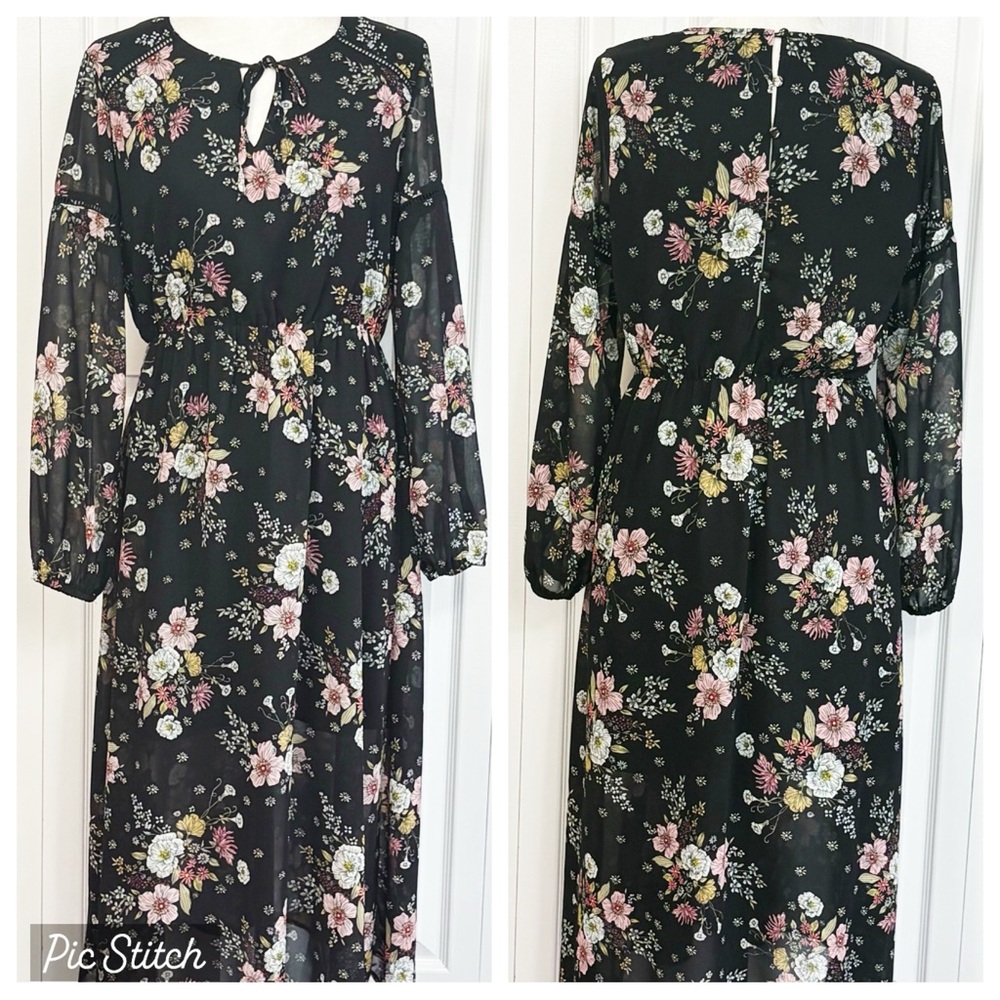Suzanne Betro Boho Black Floral Sheer Long Sleeve Midi Dress Medium